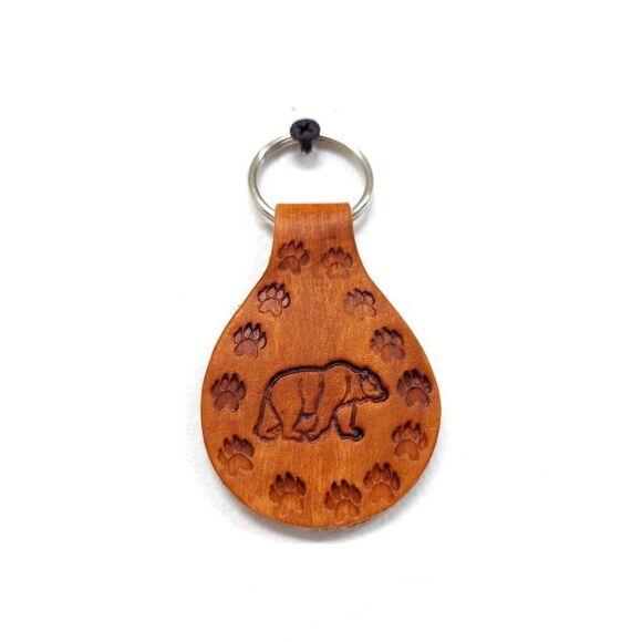 Genuine Leather Keychain Ring Fob Bear Tracks Animals Hand Made Tooled Gift New - Picture 1 of 2